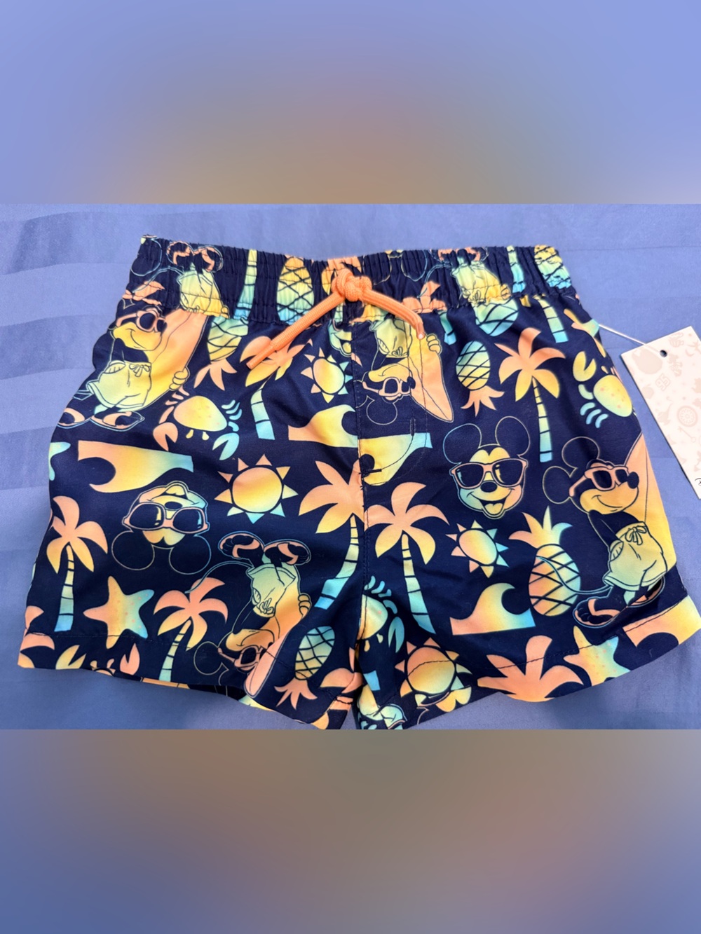 NWT Disney Baby Boys Navy Blue Orange Tropical Mickey Swim Trunks size 12m